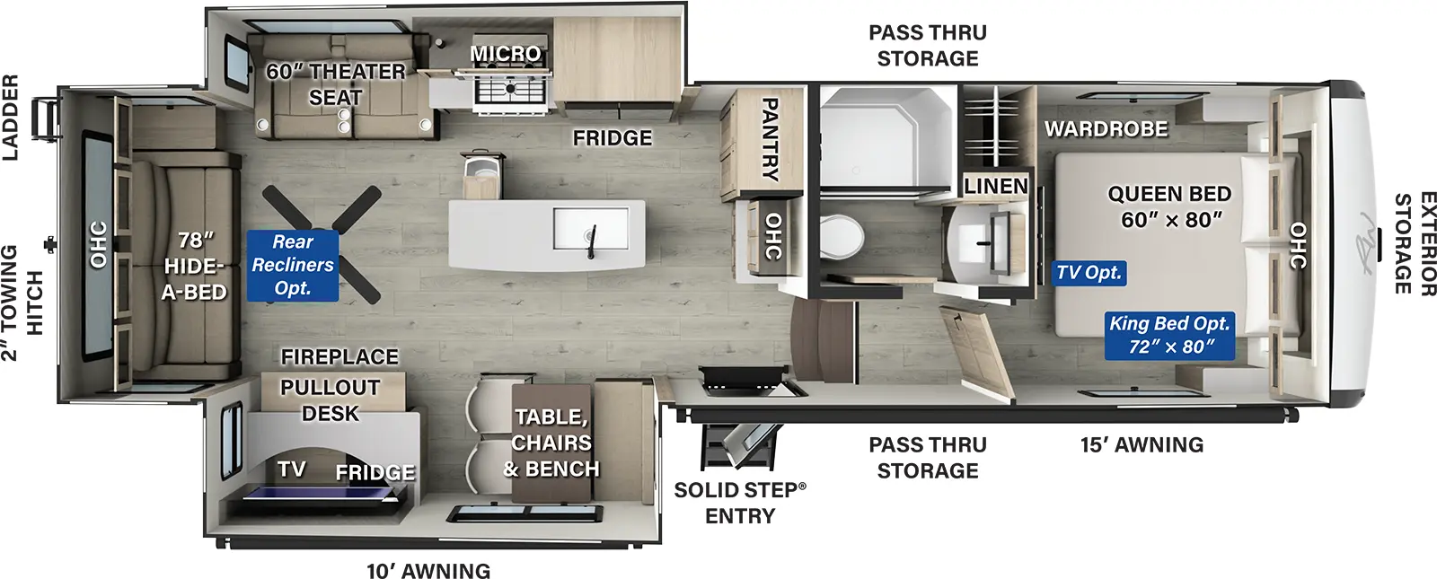 The Rockwood Signature Fifth Wheels R331RL floorplan has one entry and two slide outs. Exterior features include: fiberglass exterior and 10' & 15' awning. Interiors features include: kitchen island, front bedroom and rear living.